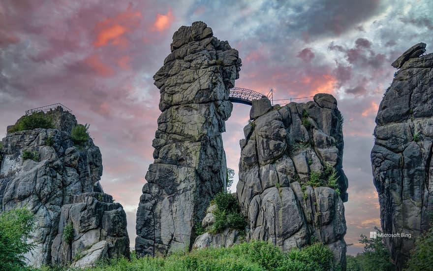 The Externsteine rock formation in the Teutoburg Forest, North Rhine-Westphalia, Germany