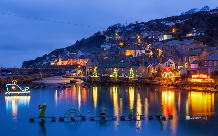 Christmas lights at Mousehole harbour, Cornwall, England