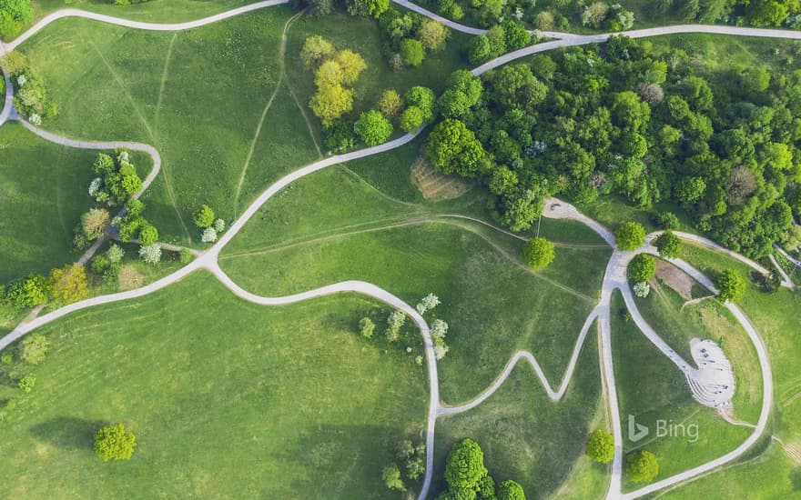 Aerial view of the Olympiaberg in the Olympiapark in Munich, Bavaria, Germany