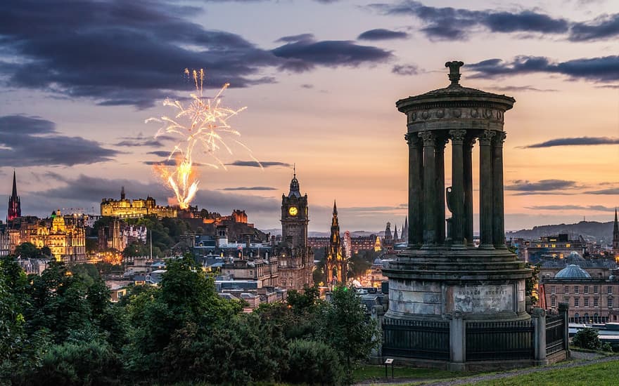 Fireworks over Edinburgh seen from Calton Hill, Scotland