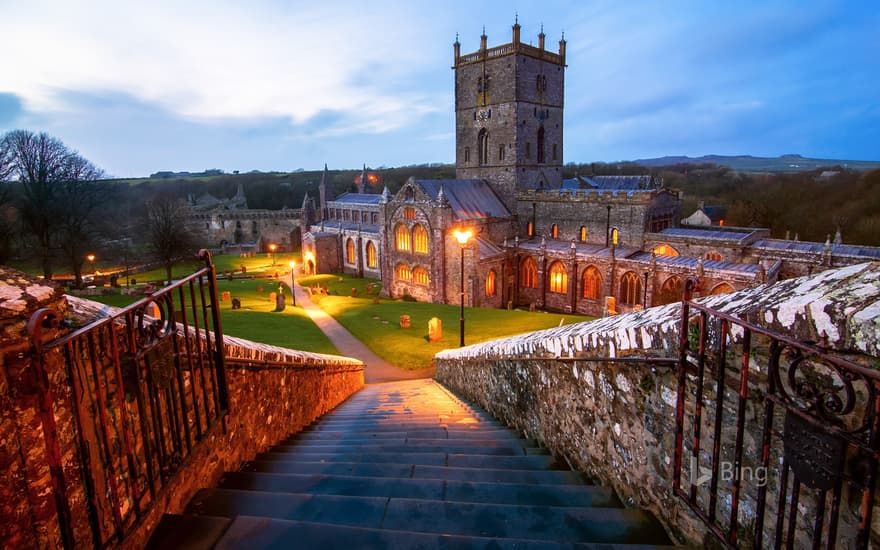 Steps down to St David's Cathedral in St Davids, Pembrokeshire, Wales